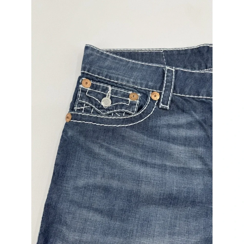 True Religion Surf Board Shorts Men's Size 34 Blue Denim Swim Trunks Y2K